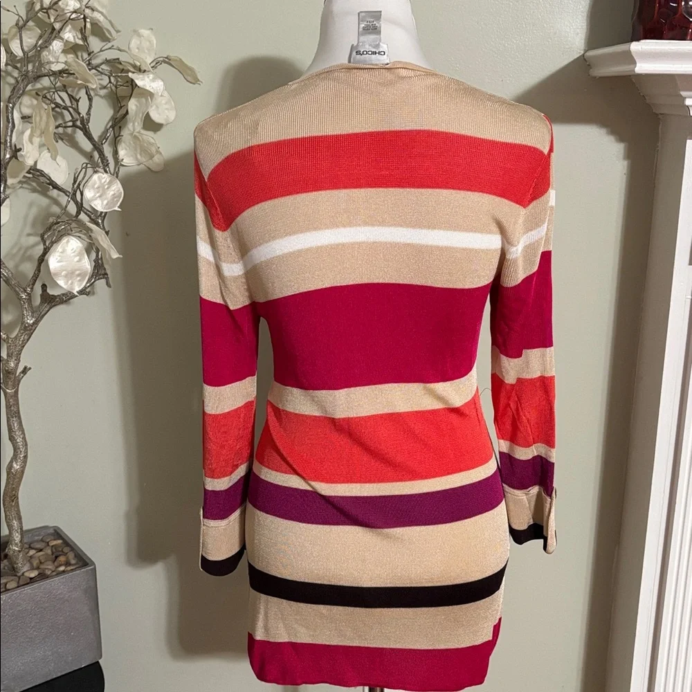 Chico's Red Tan Purple Striped V Neck Sweater Size 2